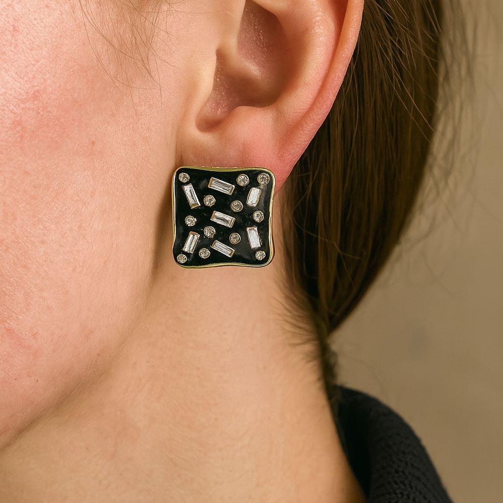 Vintage Clip Earrings Black with crystals goldtone square 1”